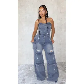 Off-Shoulder Fashion Denim Jumpsuit