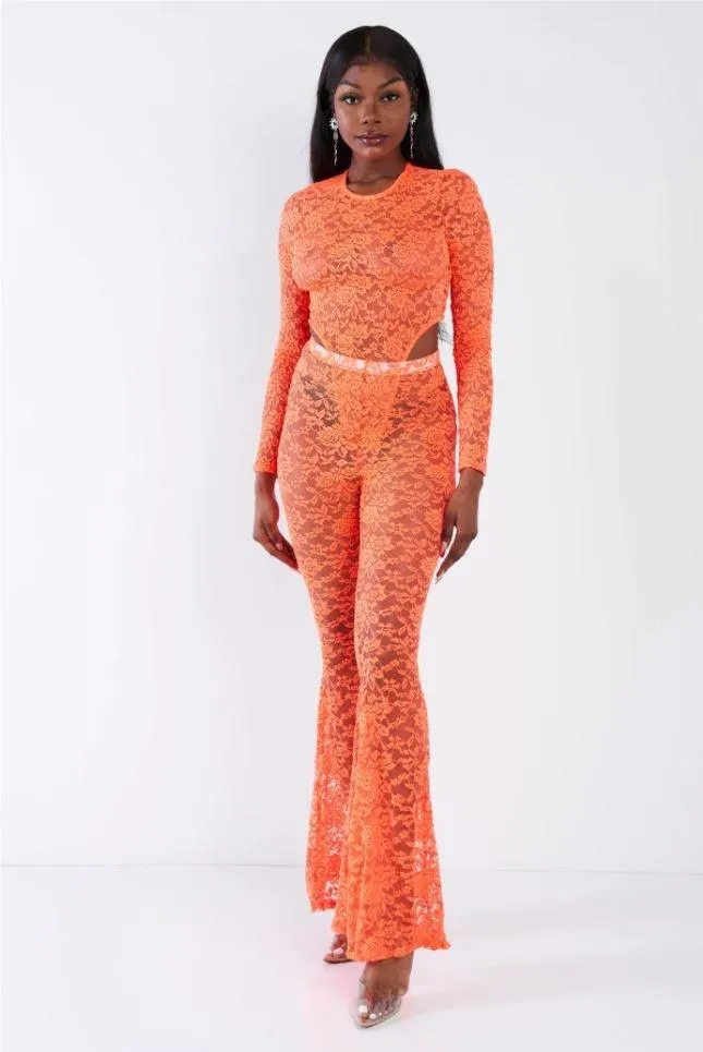 Orange Floral Lace Bodysuit Flare Leg Jumpsuit