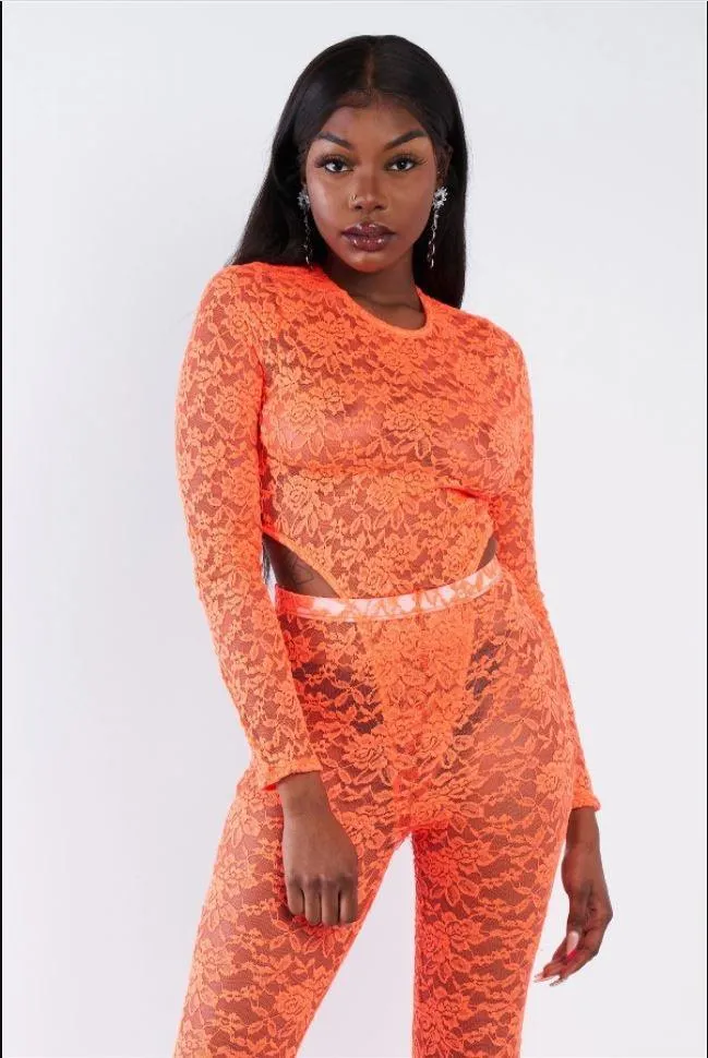 Orange Floral Lace Bodysuit Flare Leg Jumpsuit