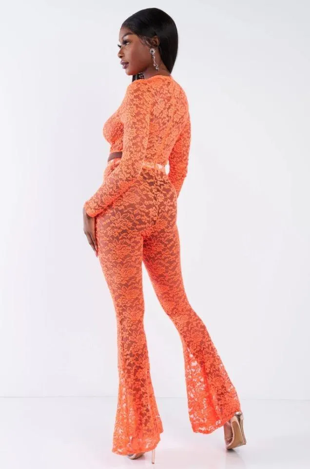 Orange Floral Lace Bodysuit Flare Leg Jumpsuit