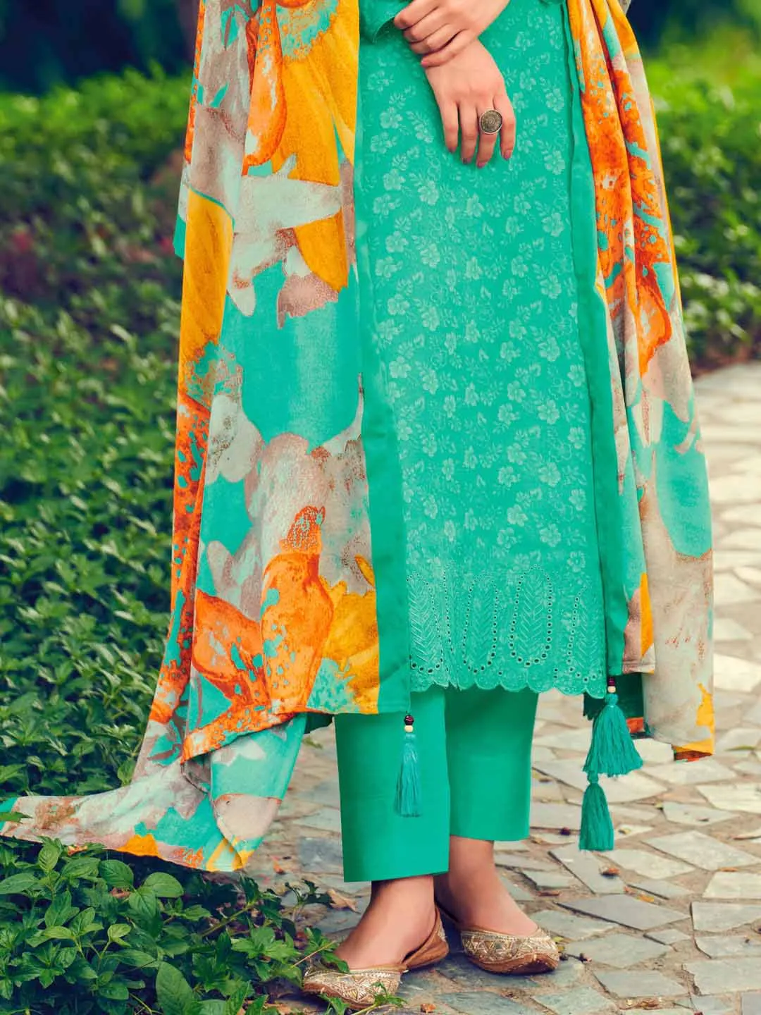 Pashmina Green Unstitched Winter Suit Dress Material for Women