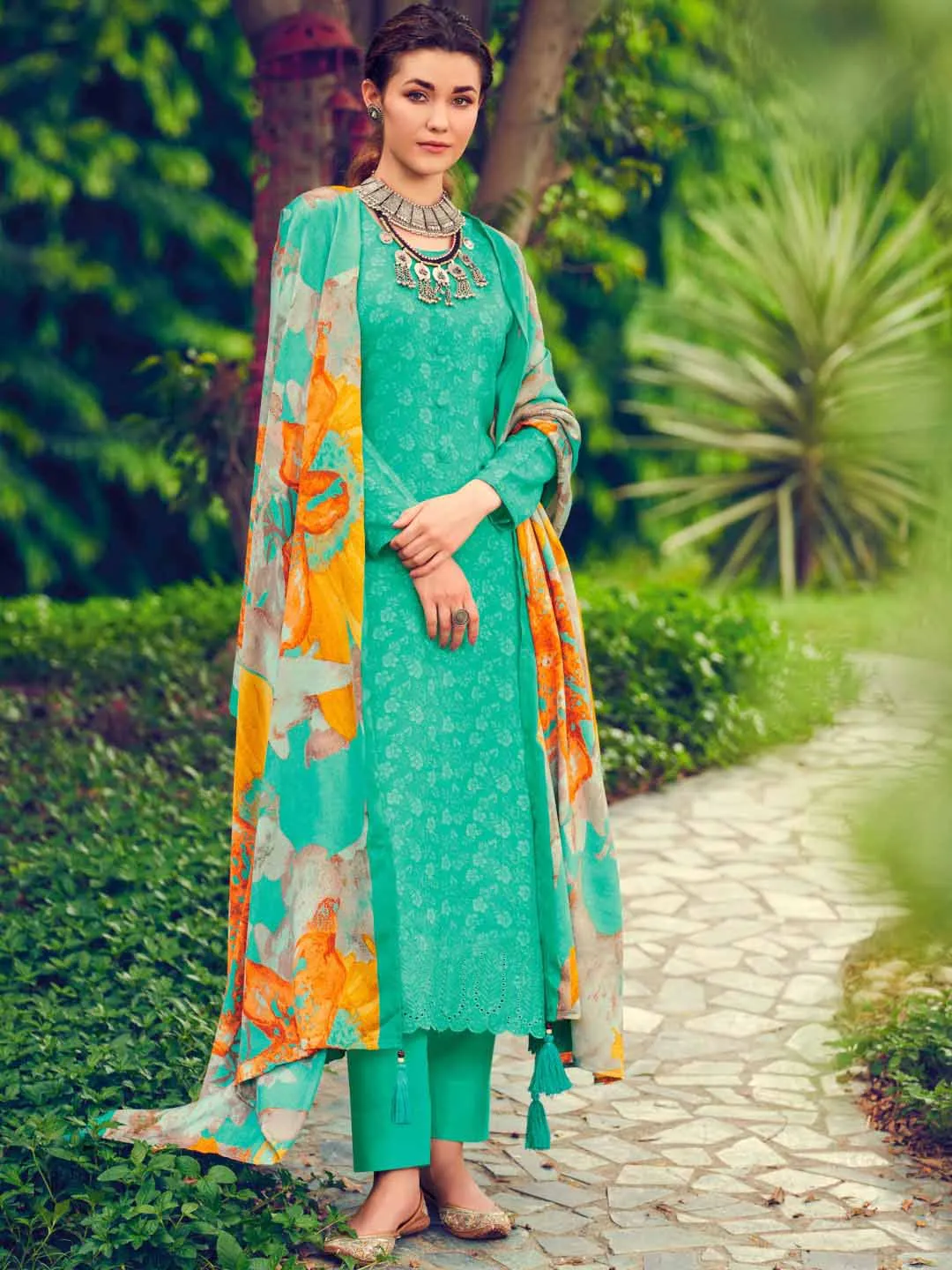 Pashmina Green Unstitched Winter Suit Dress Material for Women