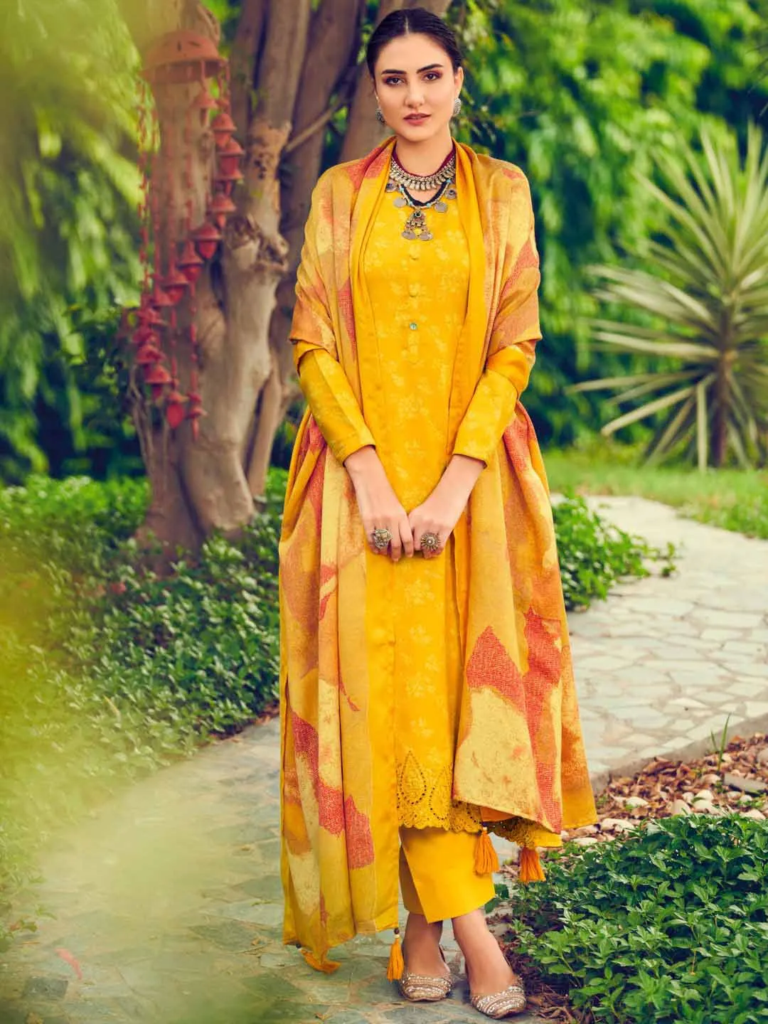 Pashmina Yellow Embroidered Unstitched Winter Suit Set