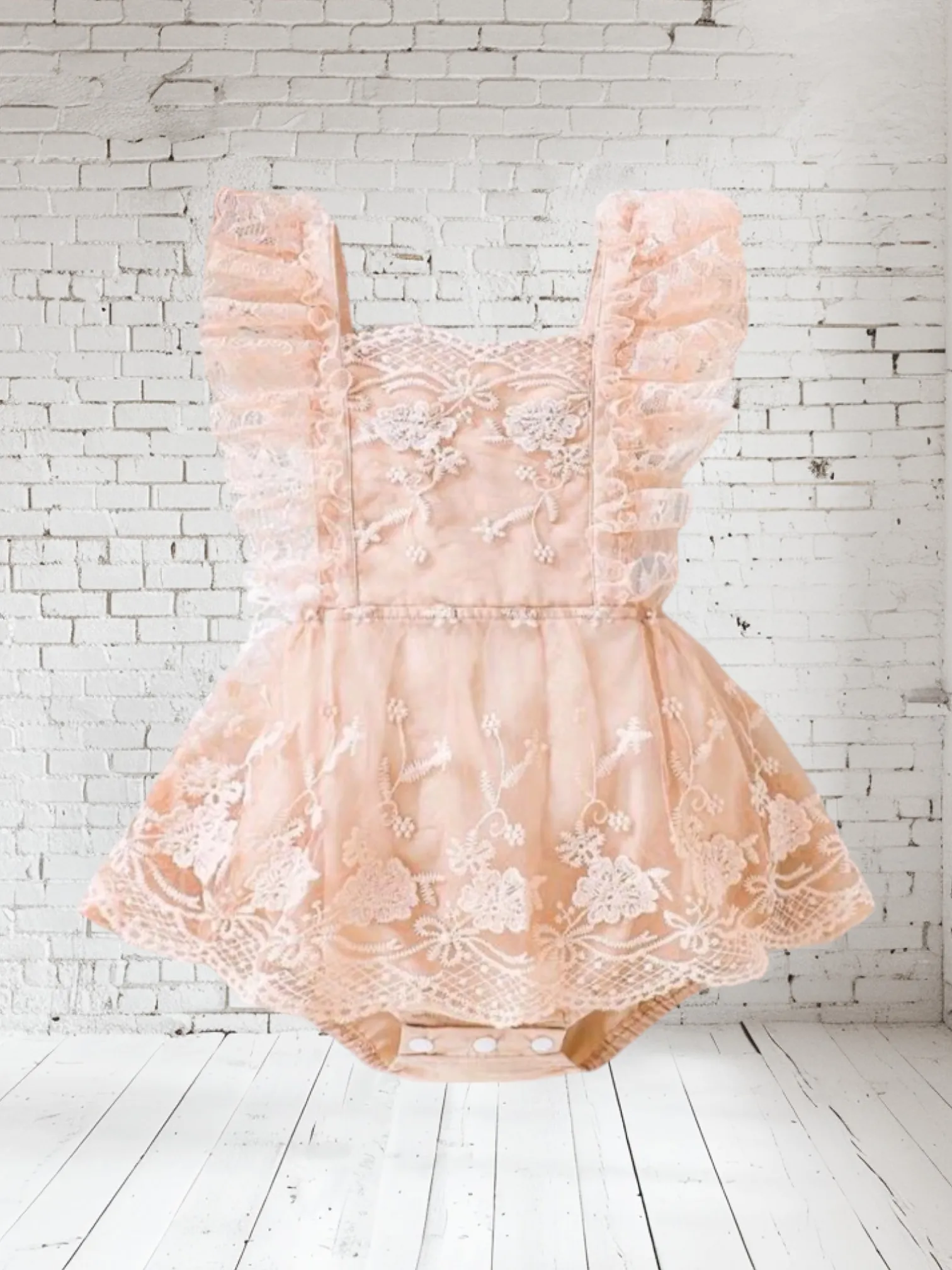 Peachy Pink Romper Dress with Embroidered Mesh Overlay #1000374