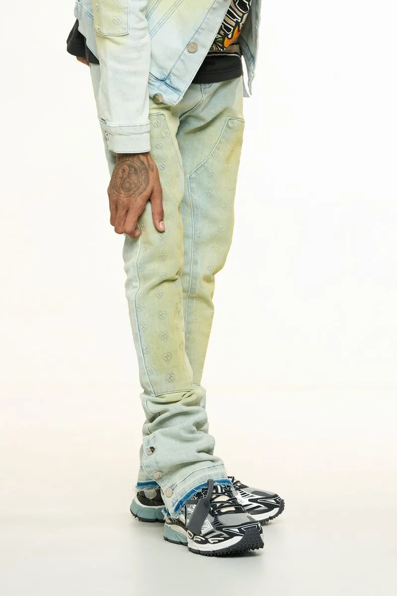 PHEELINGS "MENDING HEARTS" EMBOSSED FLARE STACK DENIM (PH-SS24-85)-LT BLUE/SAND