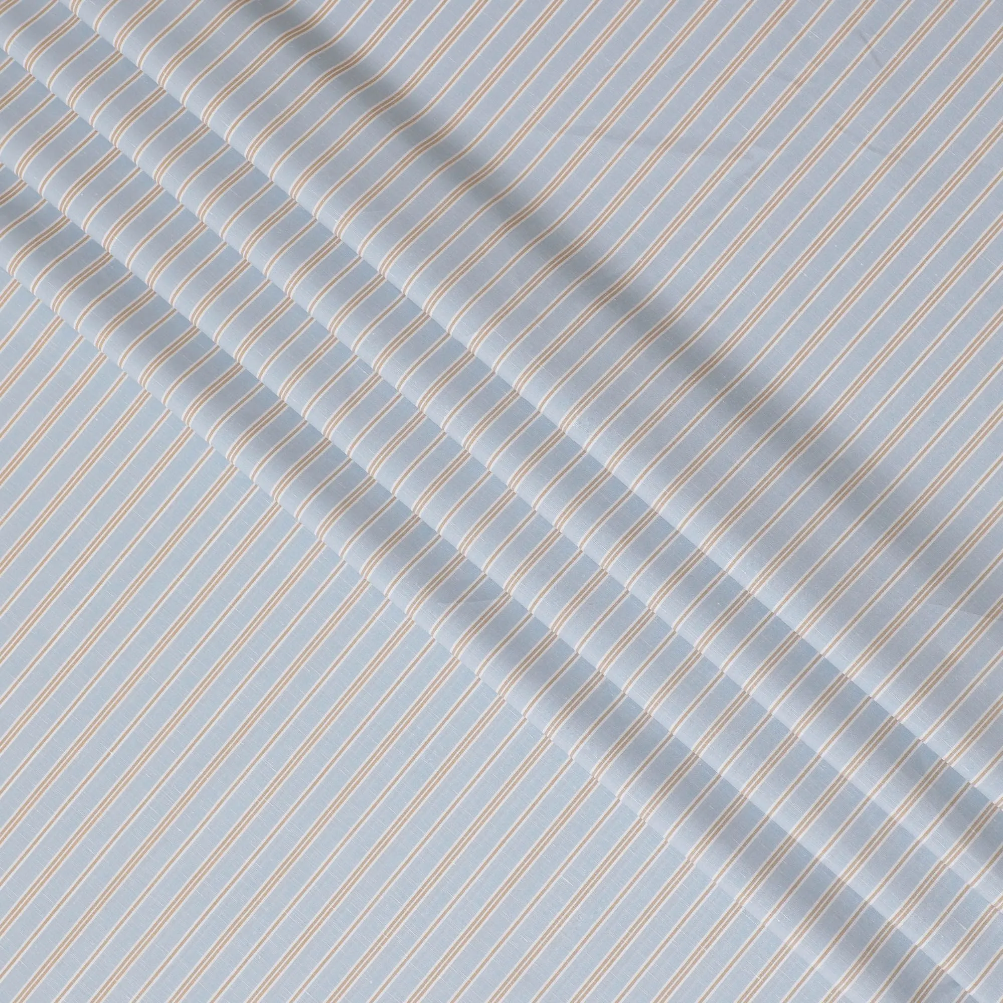 Powder blue Premium pure Italian cotton linen shirting fabric with white and gold print in stripe design-D16643