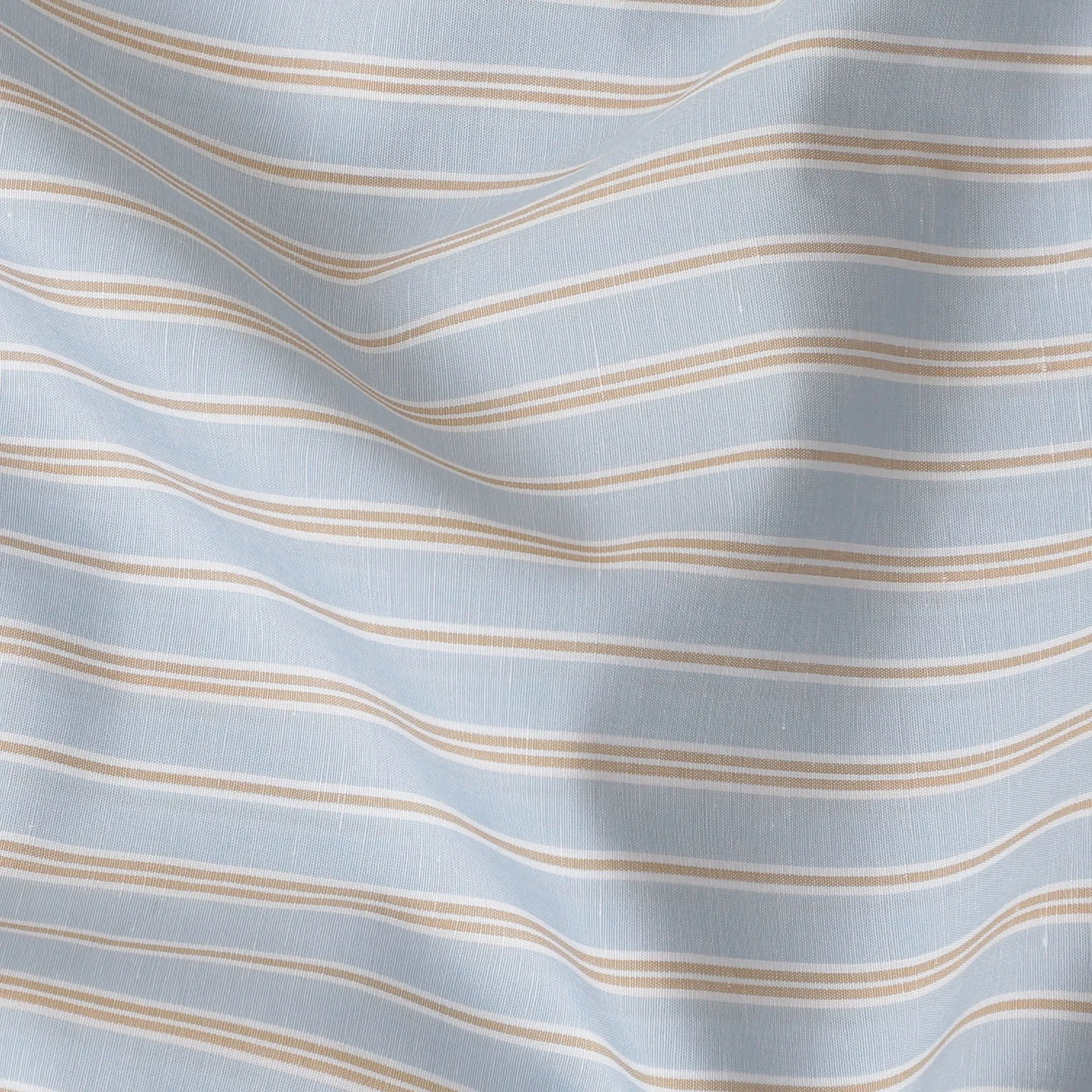 Powder blue Premium pure Italian cotton linen shirting fabric with white and gold print in stripe design-D16643