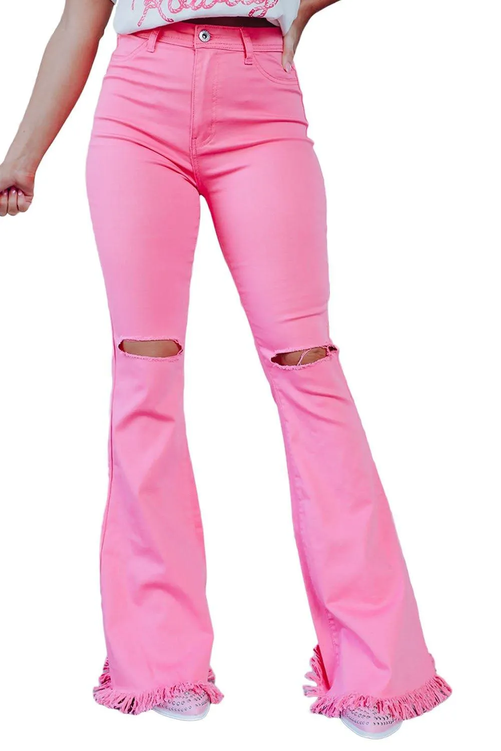 Princess Pink Vintage Ripped High Waist Flare Denim