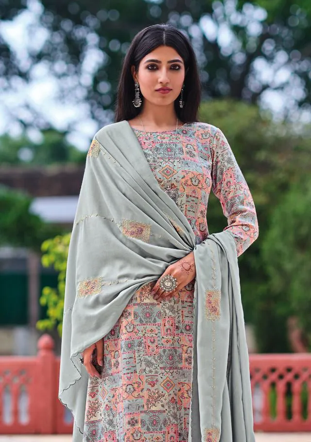 Printed Winter Grey Unstitched Pashmina Salwar Suit