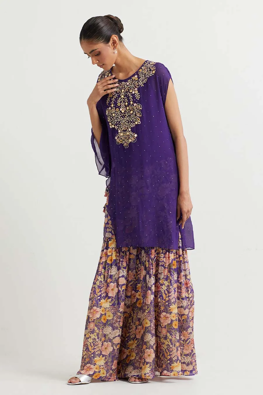 Purple Embroidered Top & Printed Sharara Set