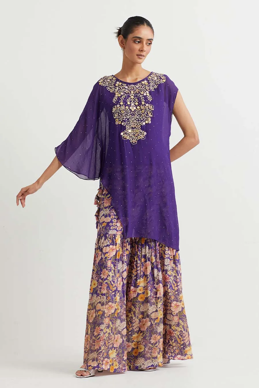 Purple Embroidered Top & Printed Sharara Set