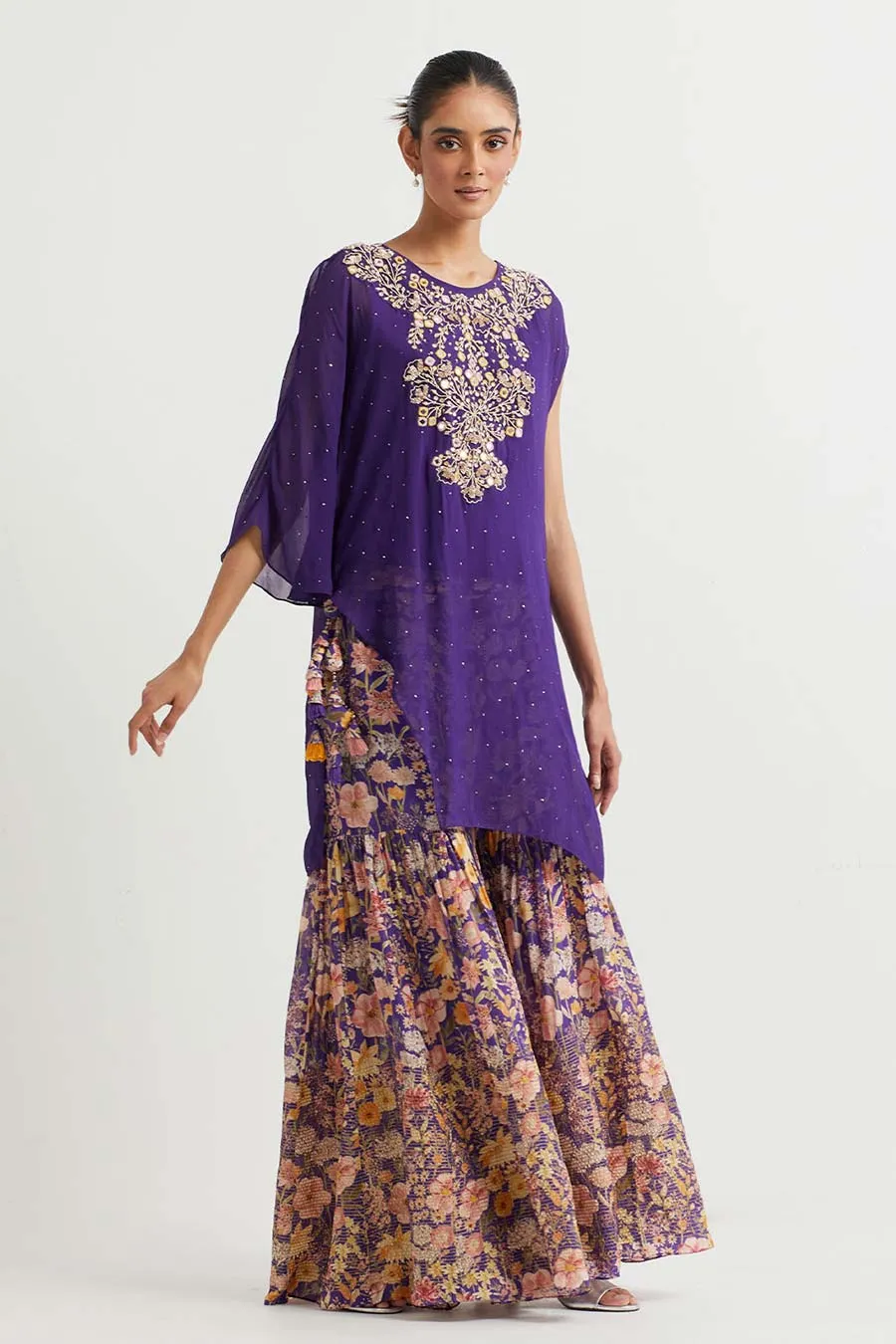 Purple Embroidered Top & Printed Sharara Set