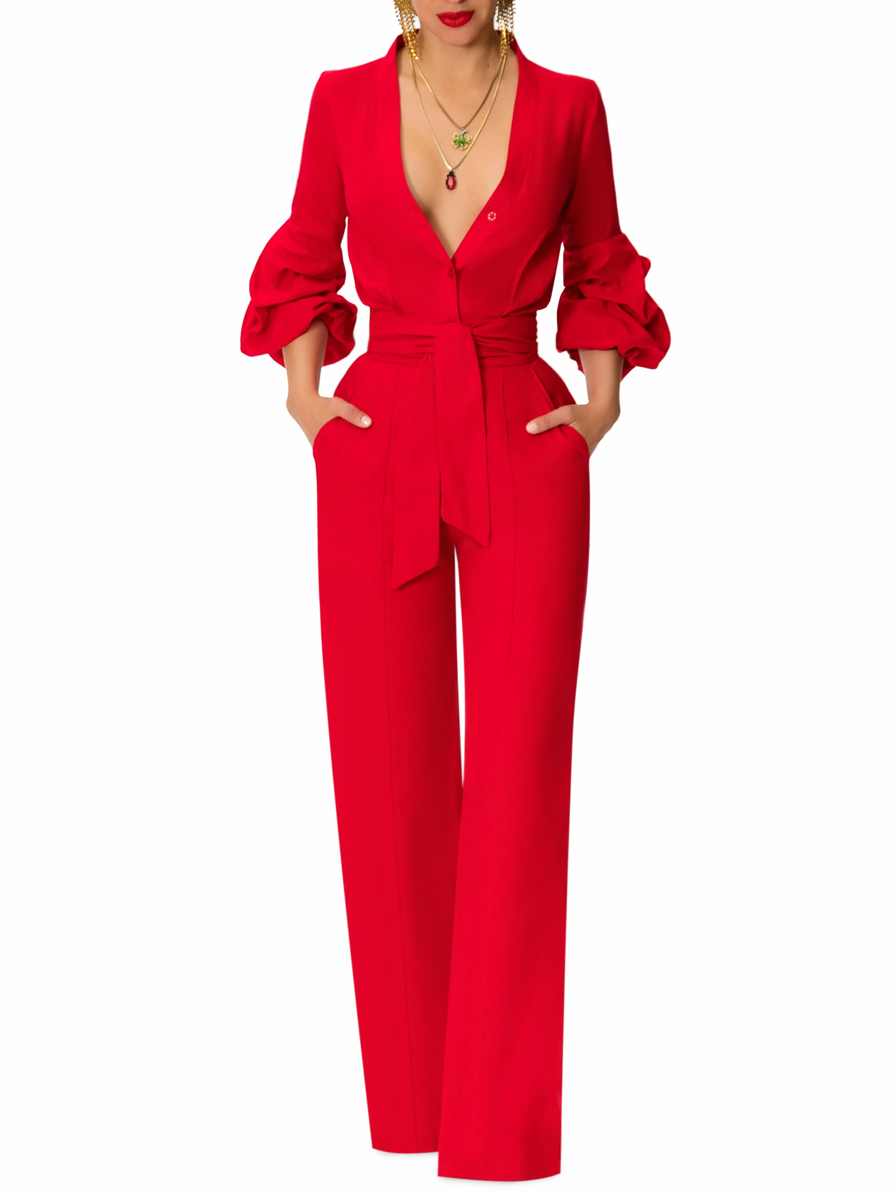 "Beverly Hills" Red Button-Down Jumpsuit