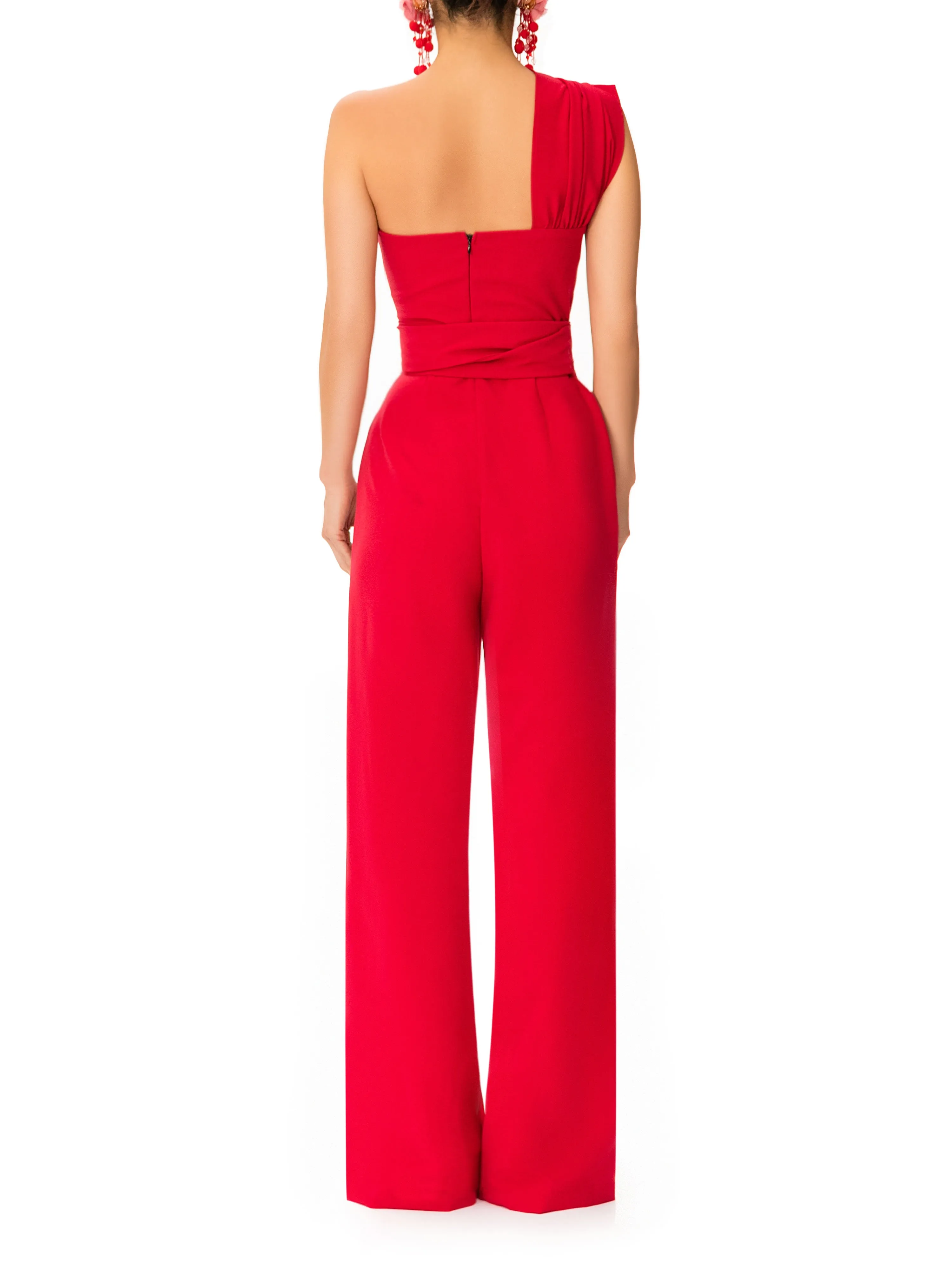 "Bia" One Shoulder Drape Jumpsuit w/Belt