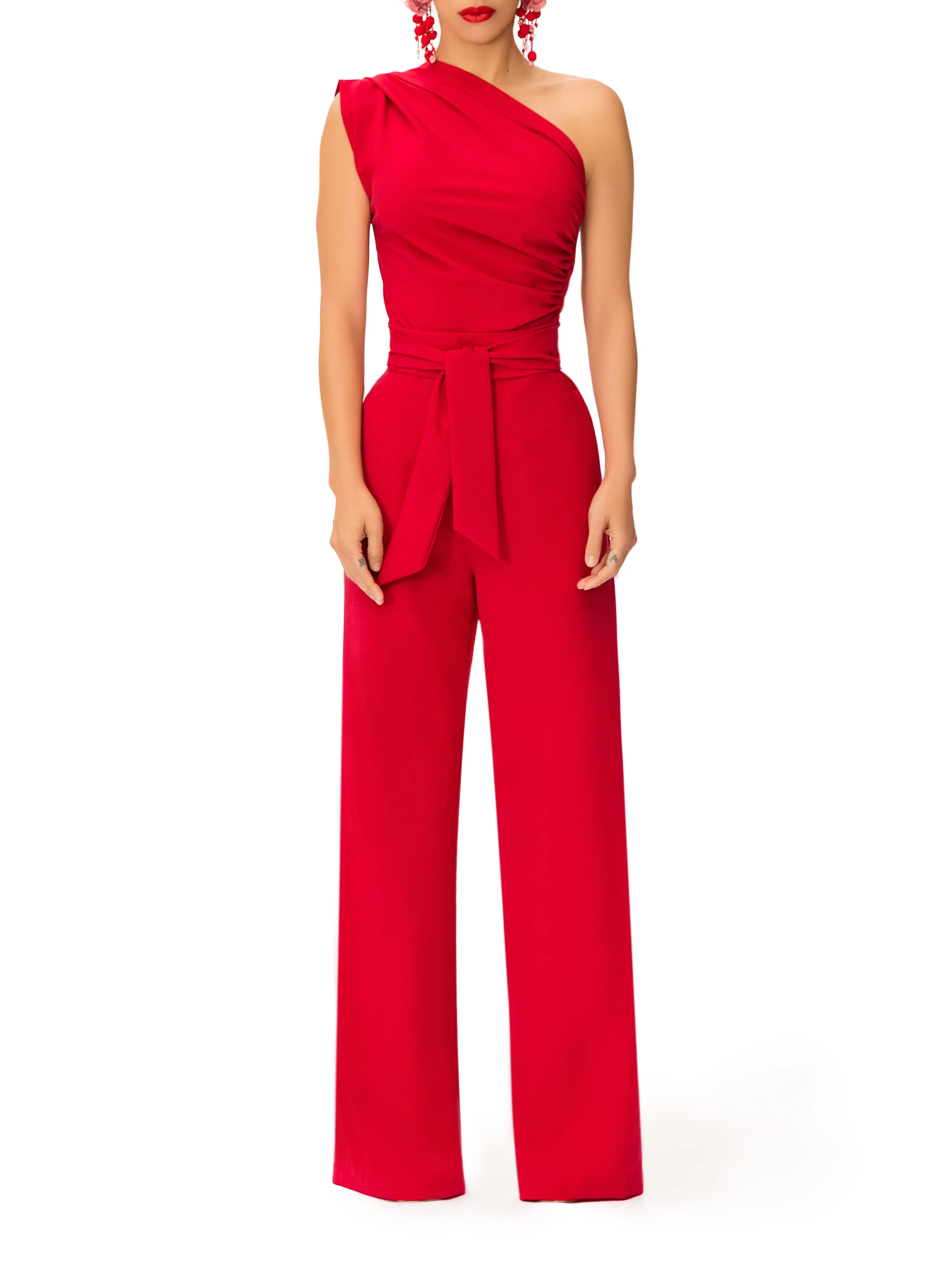 "Bia" One Shoulder Drape Jumpsuit w/Belt