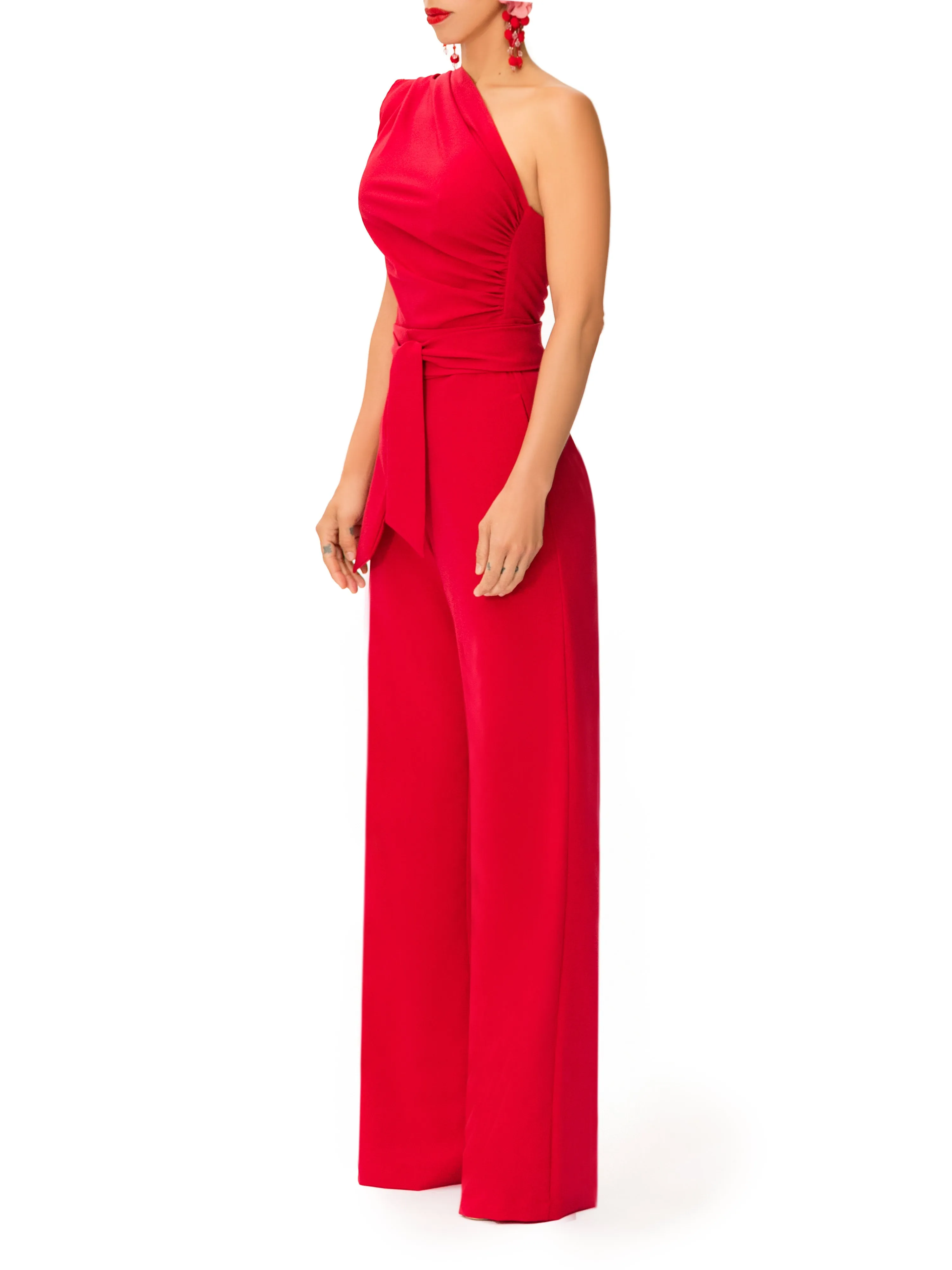 "Bia" One Shoulder Drape Jumpsuit w/Belt