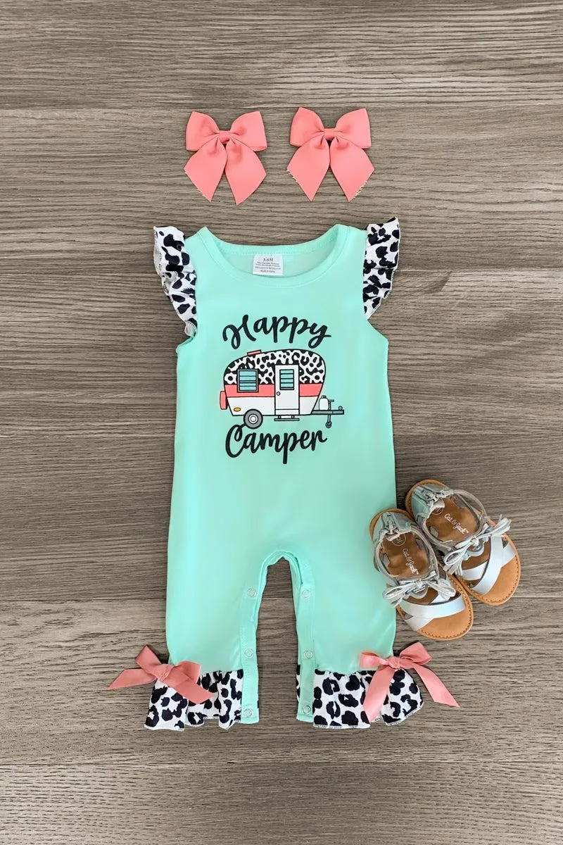 "Happy Camper" Mint Cheetah Romper