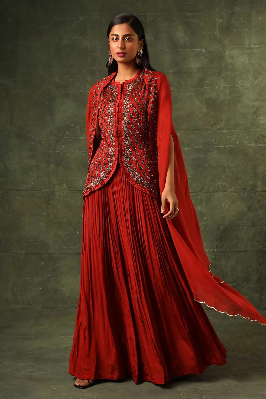 Red Ajrakh Embroidered Jacket, Skirt & Cape Dupatta Set