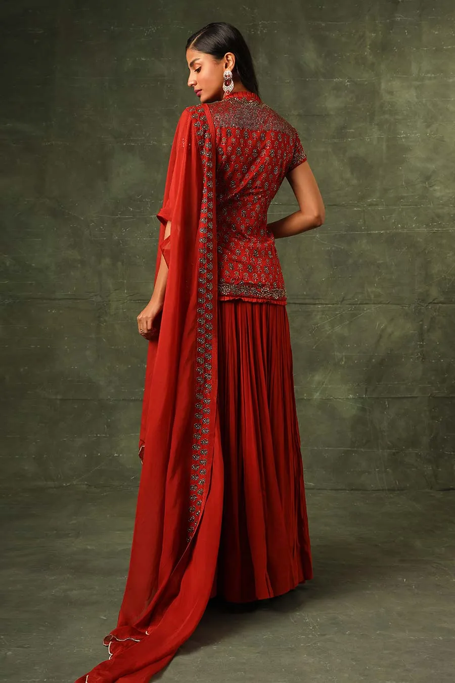 Red Ajrakh Embroidered Jacket, Skirt & Cape Dupatta Set