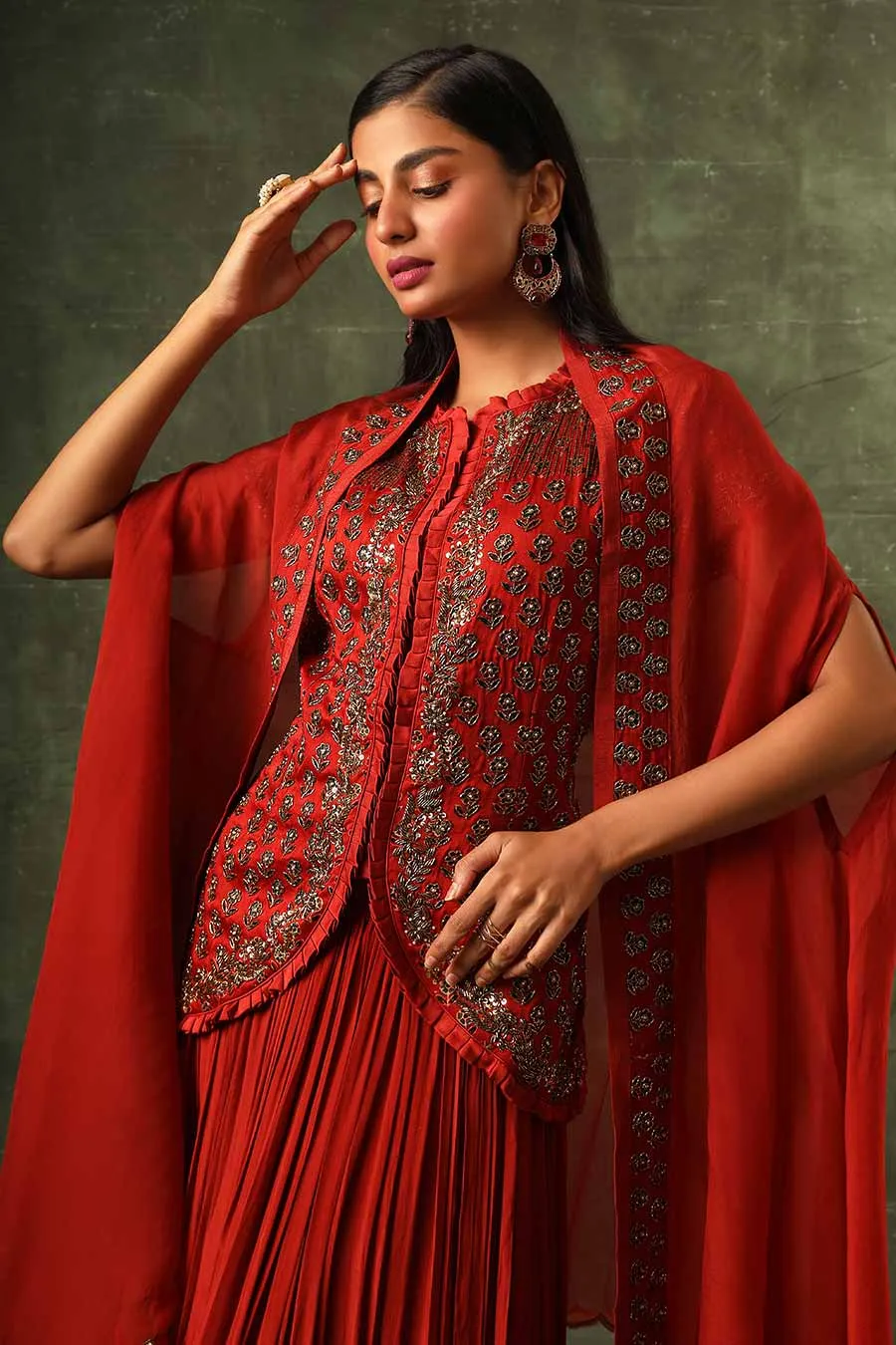 Red Ajrakh Embroidered Jacket, Skirt & Cape Dupatta Set