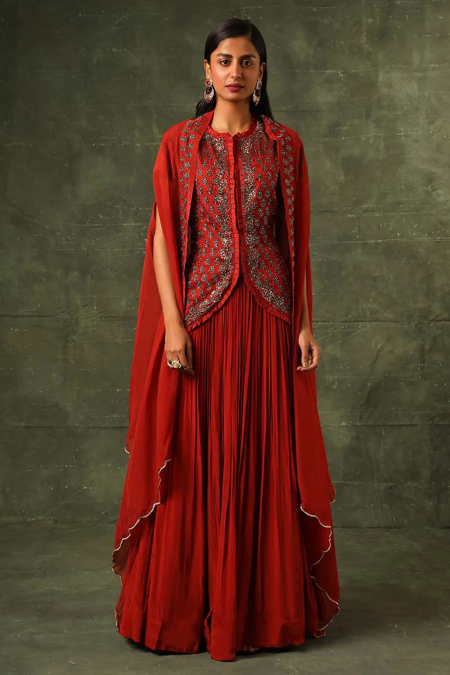 Red Ajrakh Embroidered Jacket, Skirt & Cape Dupatta Set