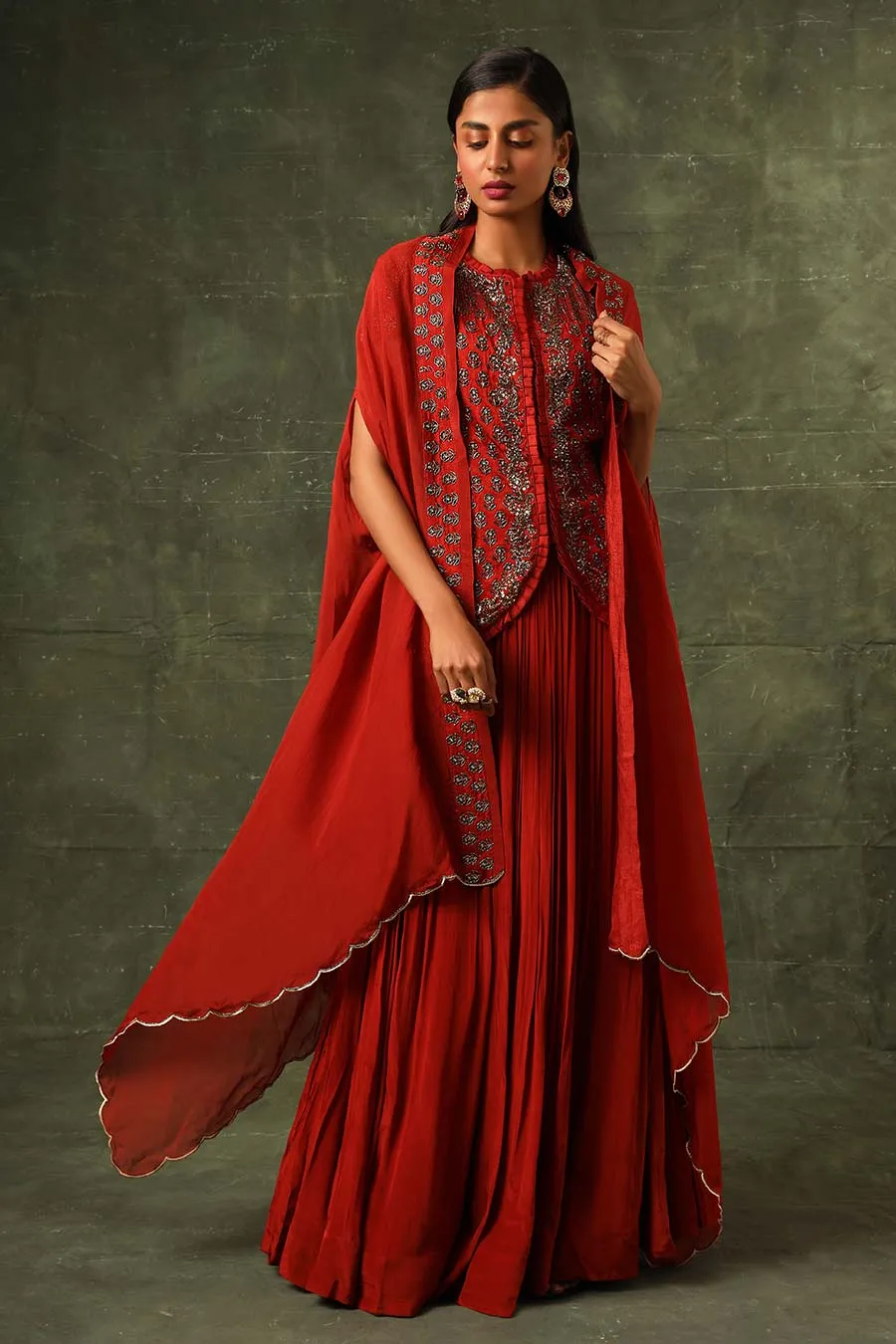 Red Ajrakh Embroidered Jacket, Skirt & Cape Dupatta Set