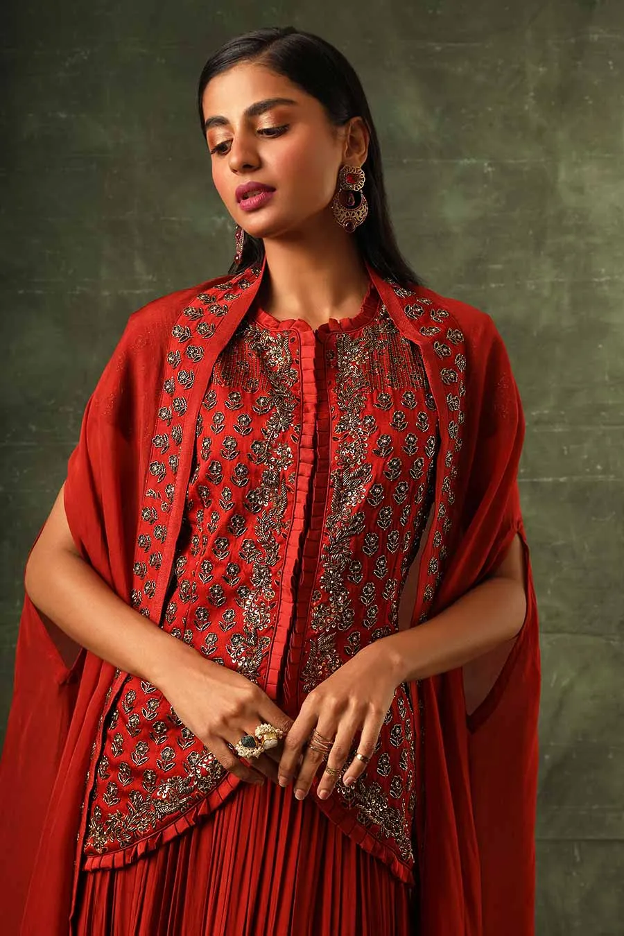 Red Ajrakh Embroidered Jacket, Skirt & Cape Dupatta Set