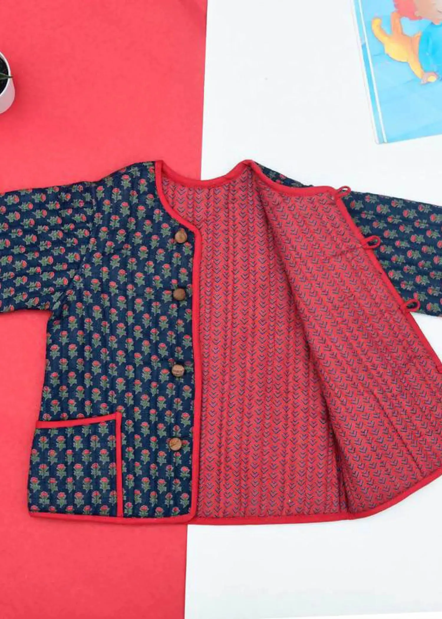 Red and Blue Quilted 100% Cotton Reverisble Full Sleeve Jacket Unisex (0-12 Years)