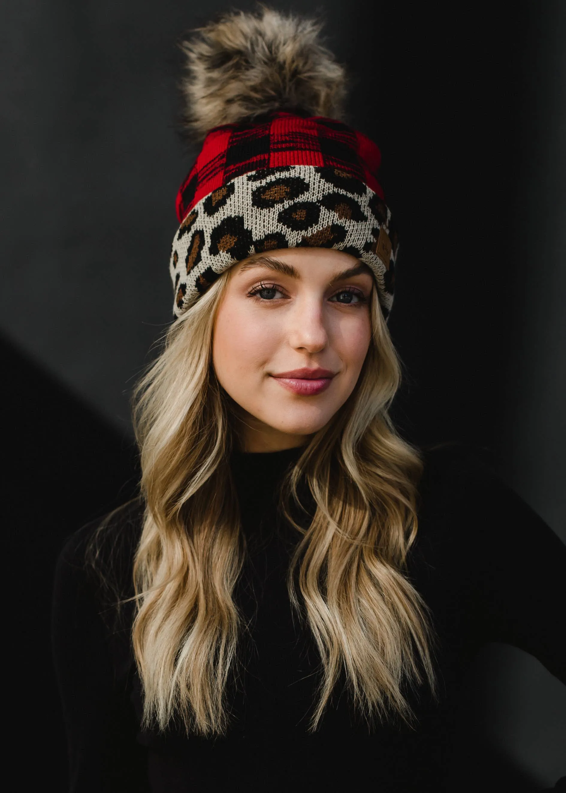 Red Buffalo Plaid Pom Hat w/ Leopard Trim