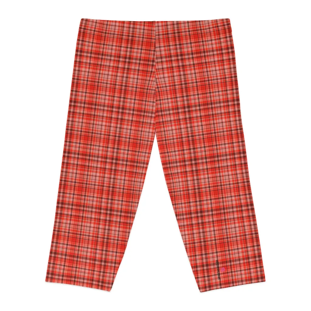 Red Plaid Women's Capri Leggings, Knee-Length Polyester Capris Tights-Made in USA (US Size: XS-2XL)