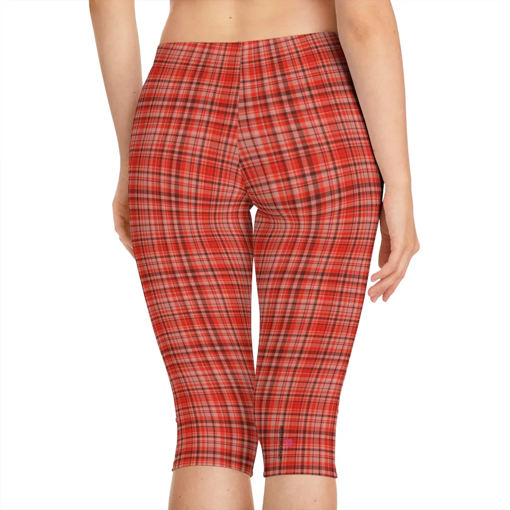 Red Plaid Women's Capri Leggings, Knee-Length Polyester Capris Tights-Made in USA (US Size: XS-2XL)