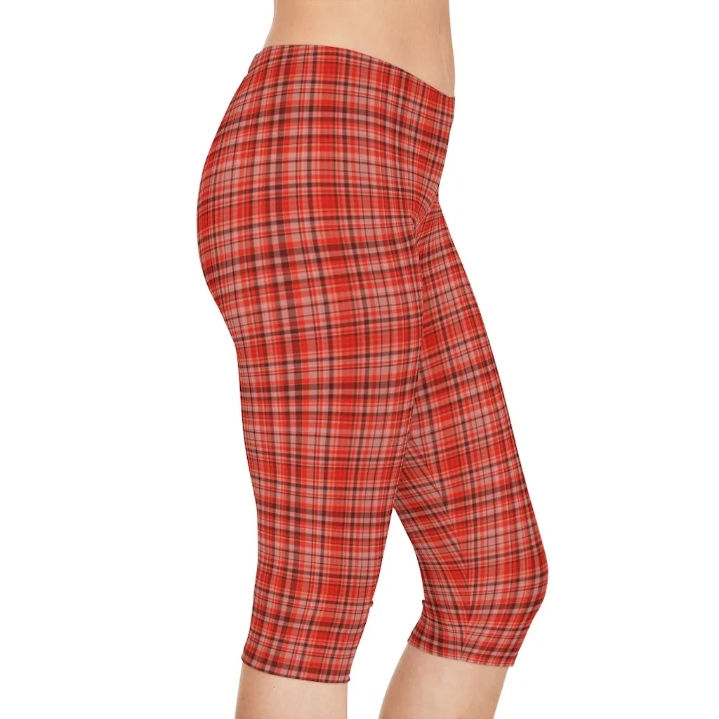 Red Plaid Women's Capri Leggings, Knee-Length Polyester Capris Tights-Made in USA (US Size: XS-2XL)