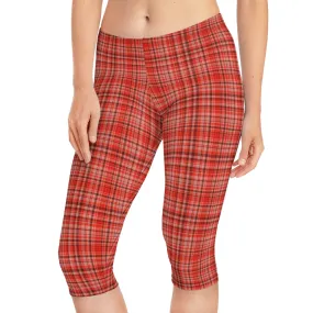 Red Plaid Women's Capri Leggings, Knee-Length Polyester Capris Tights-Made in USA (US Size: XS-2XL)