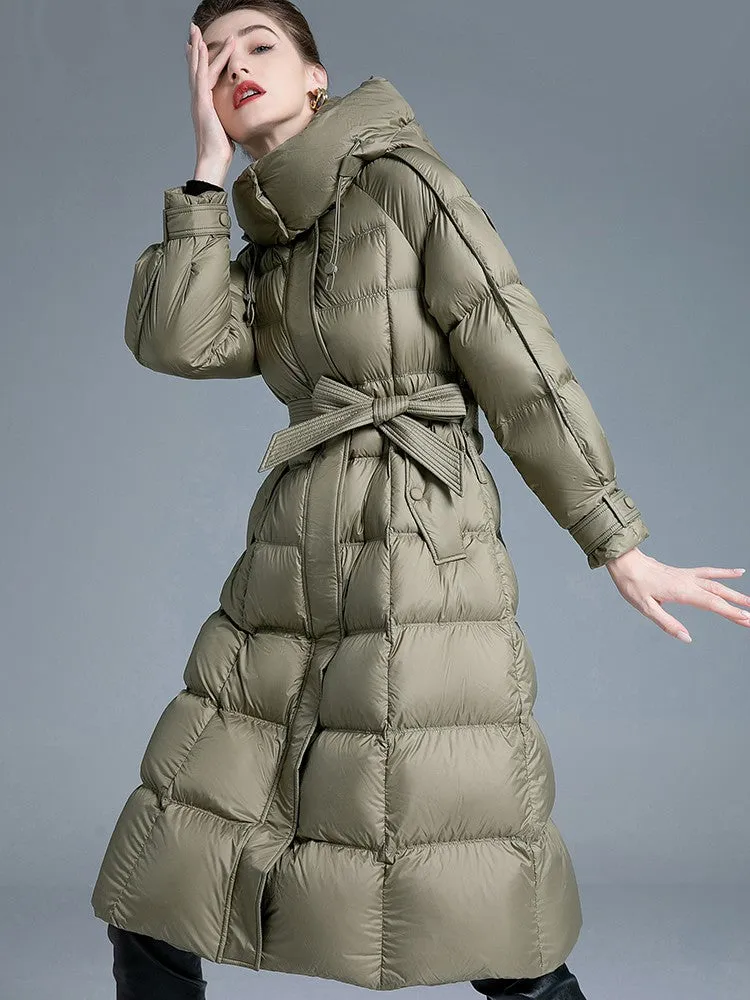 Removable Hood Belted Down Puffer Coat