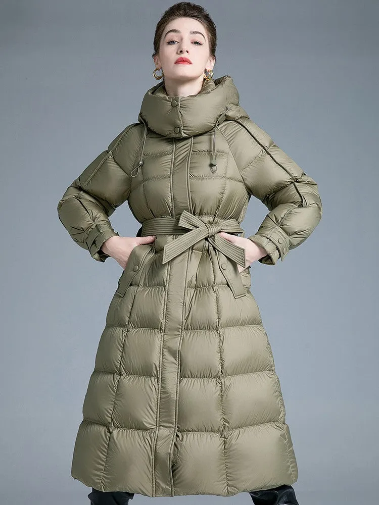 Removable Hood Belted Down Puffer Coat