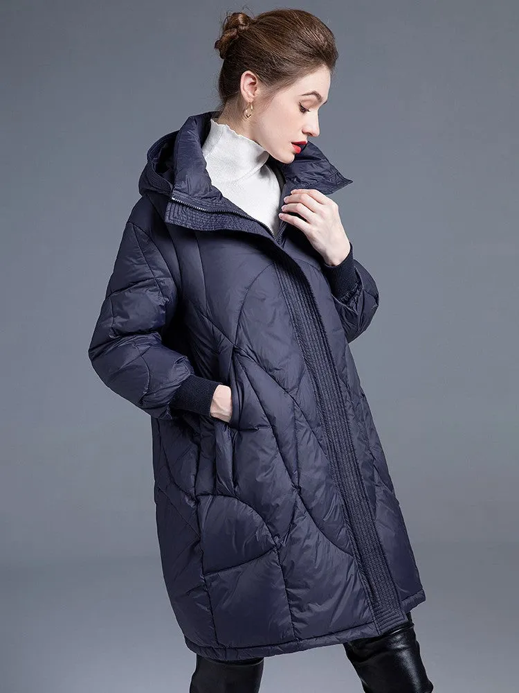 Ribbed Cuff Hooded Down Puffer Coat