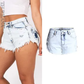 Ripped jeans women's high waist light color  denim shorts