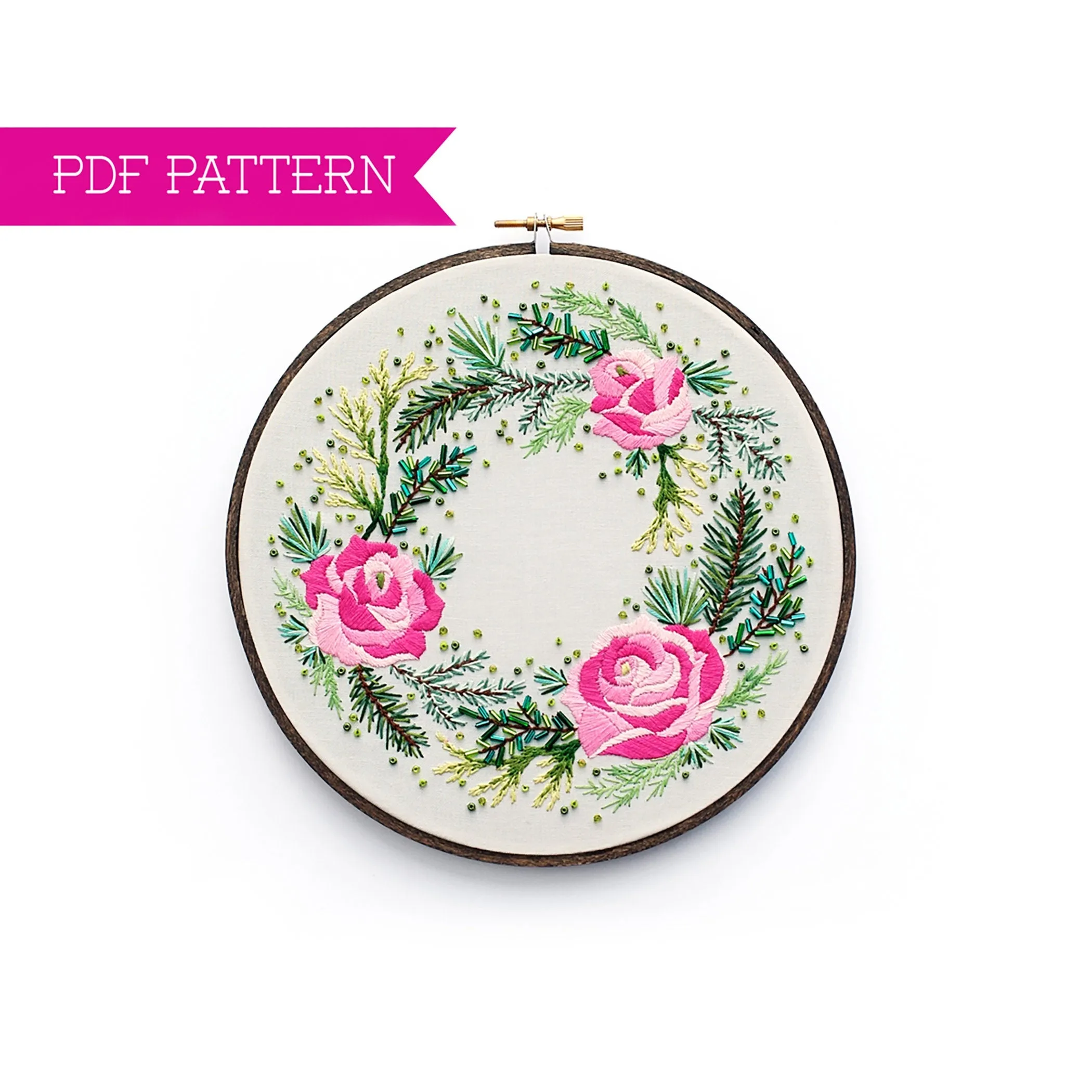 Roses And Pine Embroidery PDF Pattern