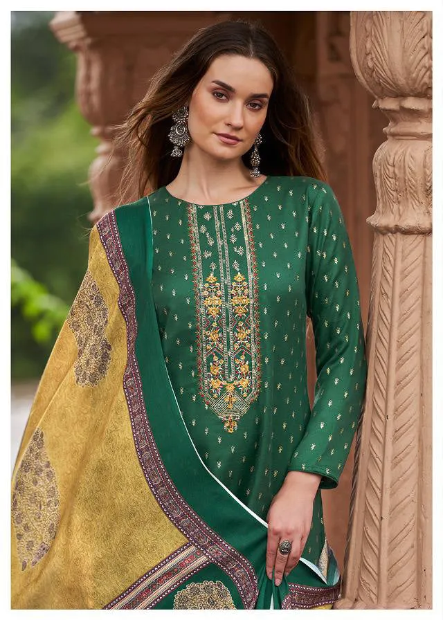 Sadhana Green Pashmina Unstitched Winter Suits for Ladies