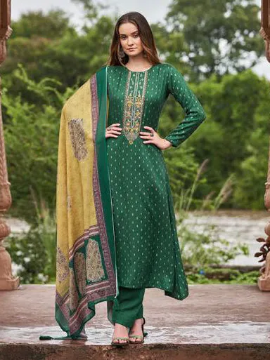 Sadhana Green Pashmina Unstitched Winter Suits for Ladies