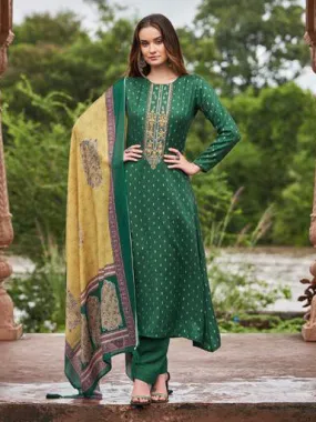 Sadhana Green Pashmina Unstitched Winter Suits for Ladies