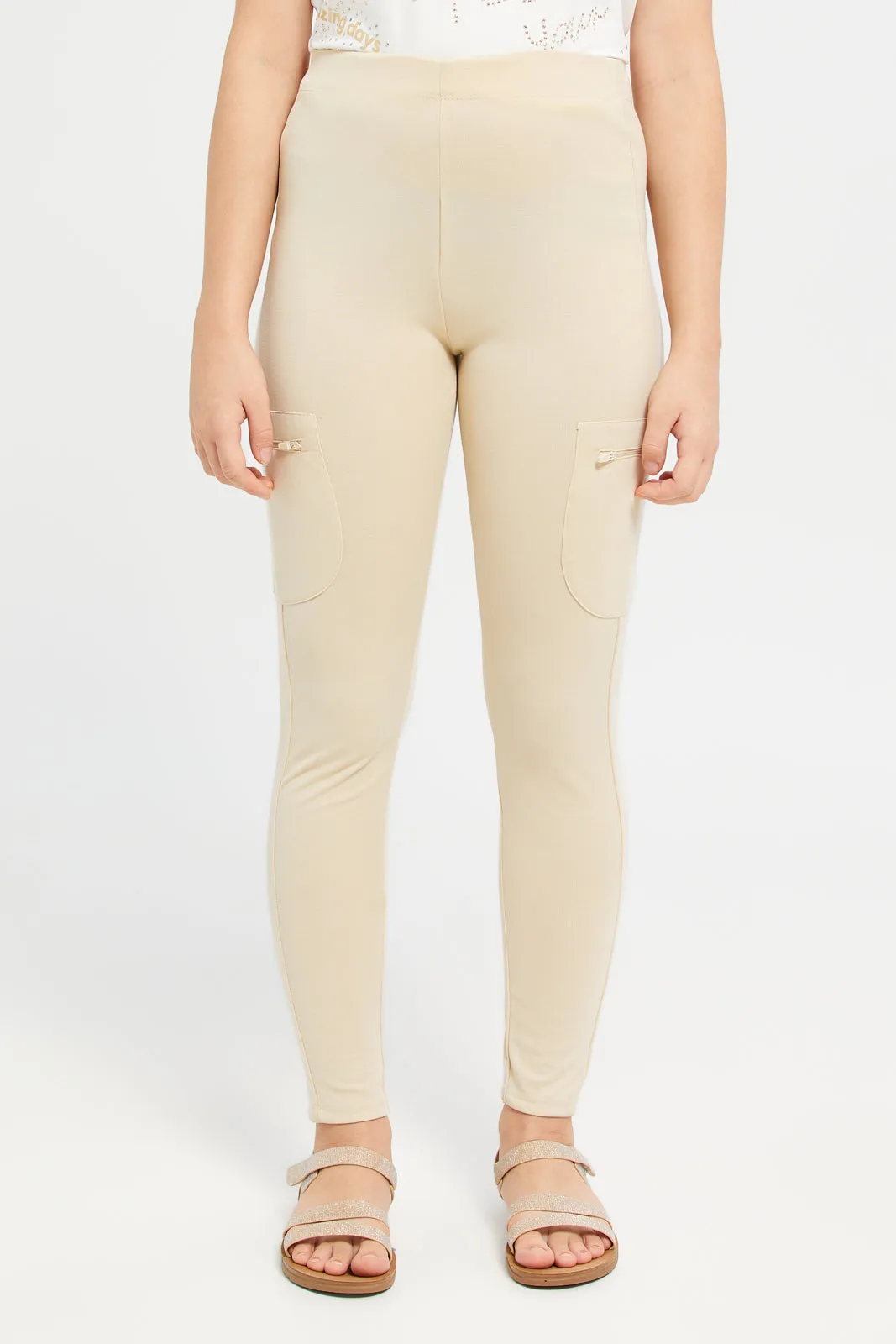 Senior Girls Beige Zipper Pocket Leggings