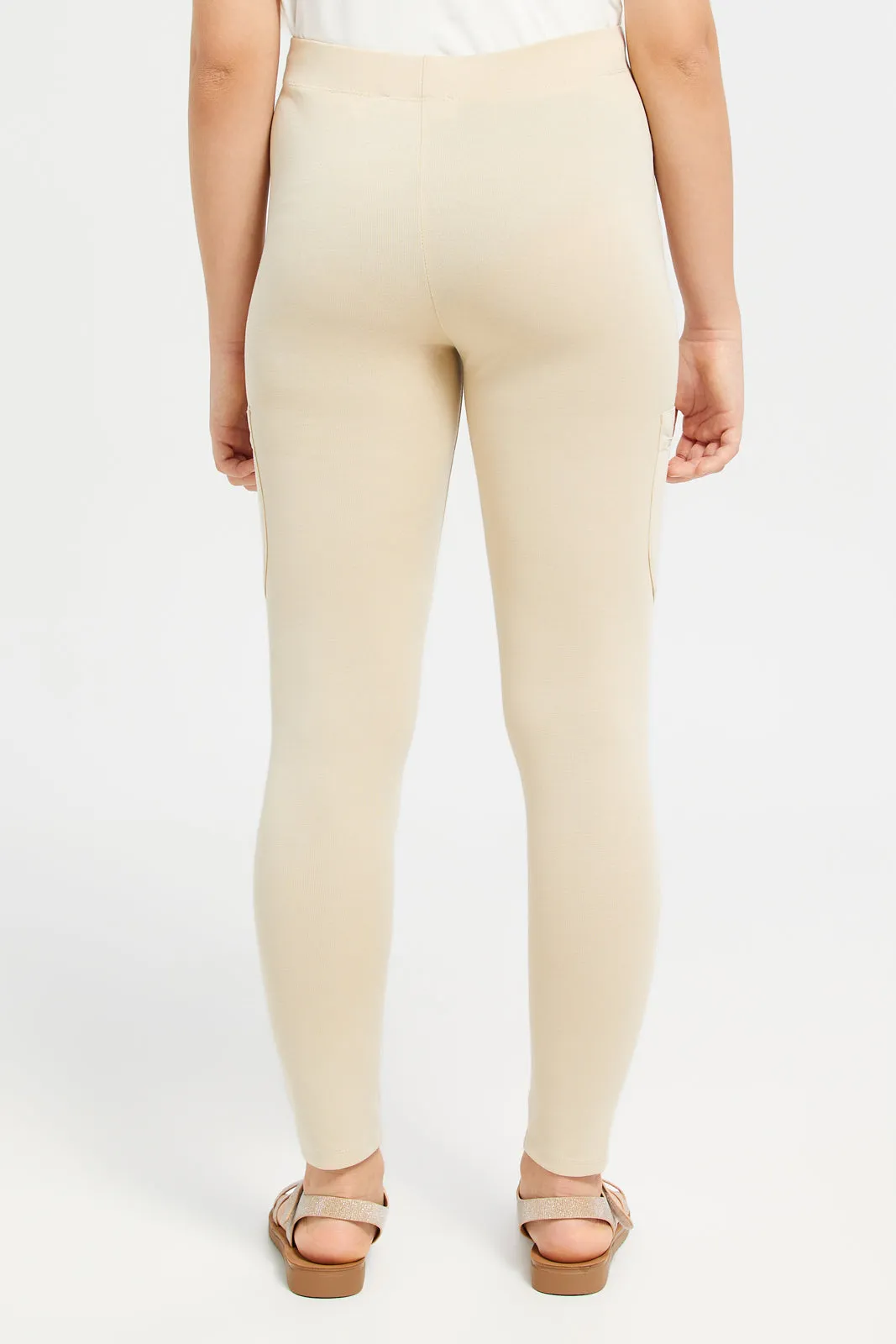 Senior Girls Beige Zipper Pocket Leggings