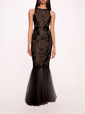 Sequin Lattice Strapless Gown