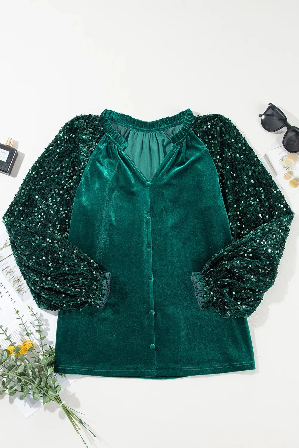 Sequin Notched Long Sleeve Blouse