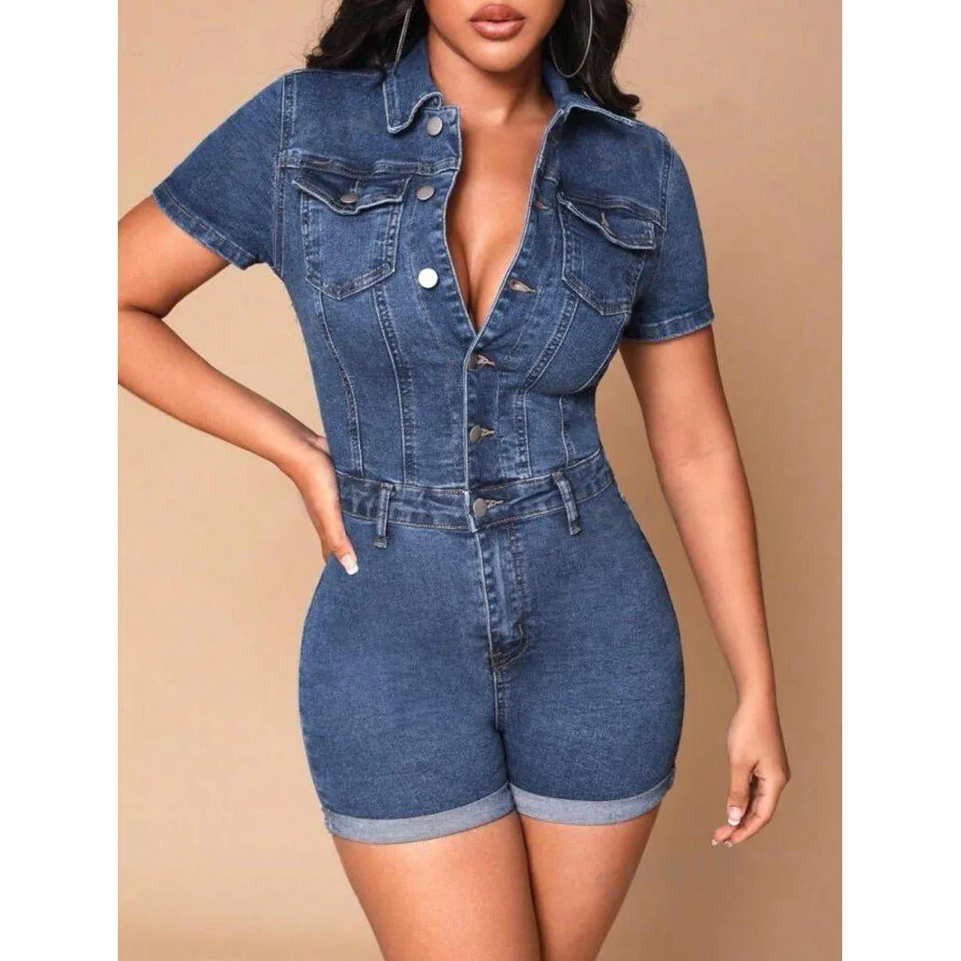 Short Sleeve Denim Jumpsuit