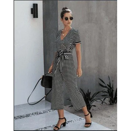 Short Sleeve Loose Striped Jumpsuit