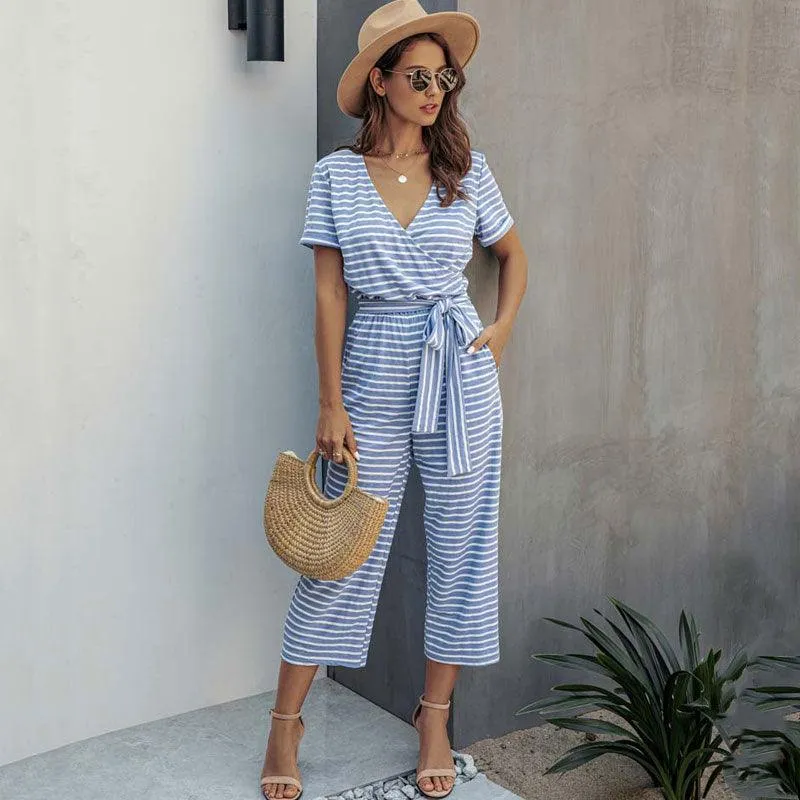 Short Sleeve Loose Striped Jumpsuit