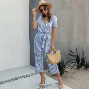 Short Sleeve Loose Striped Jumpsuit