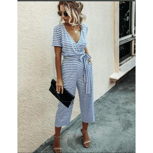 Short Sleeve Loose Striped Jumpsuit